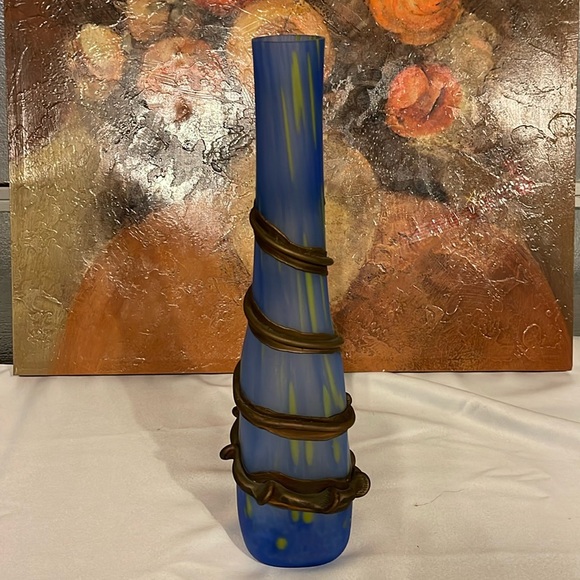 Handmade Blown Glass Vase Engraved with Metal Blue Green Vintage - Picture 3 of 6